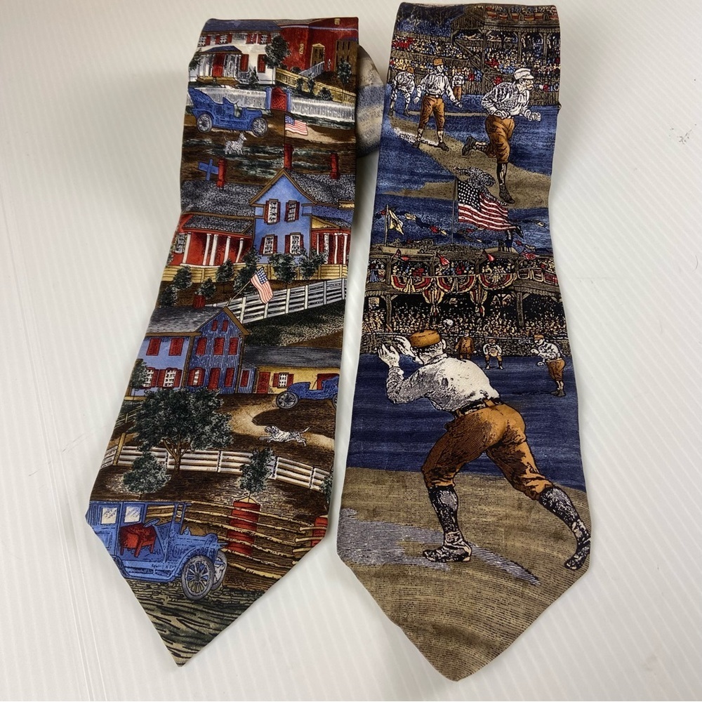 Silk Vintage Van Heusen Americana Novelty Tie Lot Baseball 1886 & Village 1890